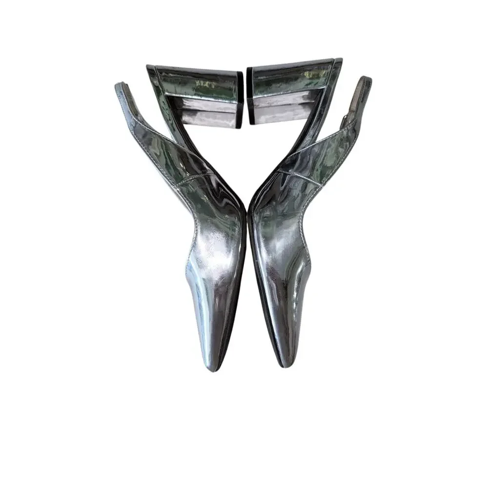 Marc Fisher silver mirror point toe sling back block heels shoes womens size 7.5